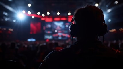 Gamer Watching an Esports Tournament with Headphones