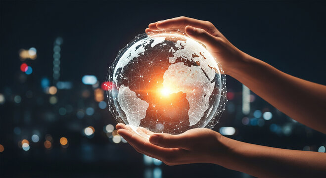 Businessman Holding Global Business Globe with Network & Digital Marketing