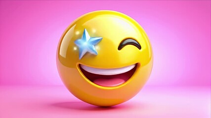 A smiling yellow emoji wearing a star, set against a pink background - Powered by Adobe