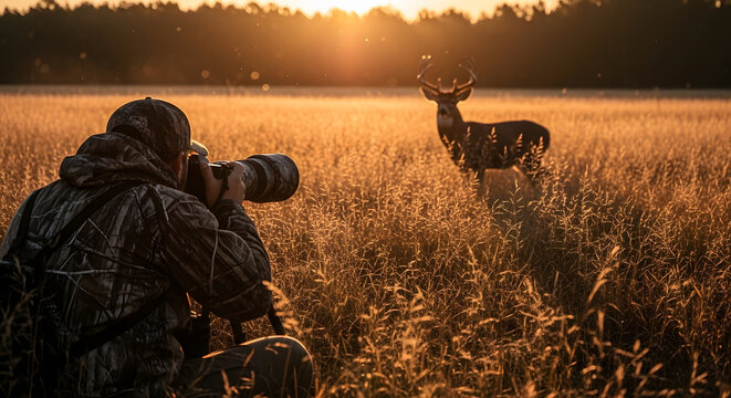 Wildlife photographer captures deer in golden hour field at sunrise