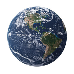 Obraz premium Ultra-realistic planet earth with prominent north and south america, detailed landmasses, vibrant oceans, dynamic swirling white clouds, isolated on a transparent background with no shadows.