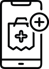 Fototapeta premium Black outline of a shopping bag icon with a plus symbol on a mobile phone add to cart e-commerce