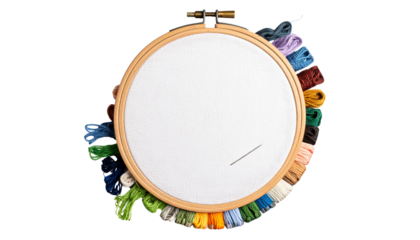 Hand embroidery hoop in progress with colorful threads and needle – hobby and mindfulness isolated on white background. Png