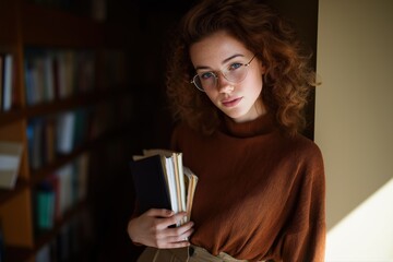Young caucasian female student holding books in library