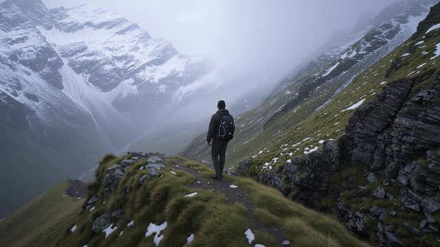 Hiker walking on mountain ridge with snow patches