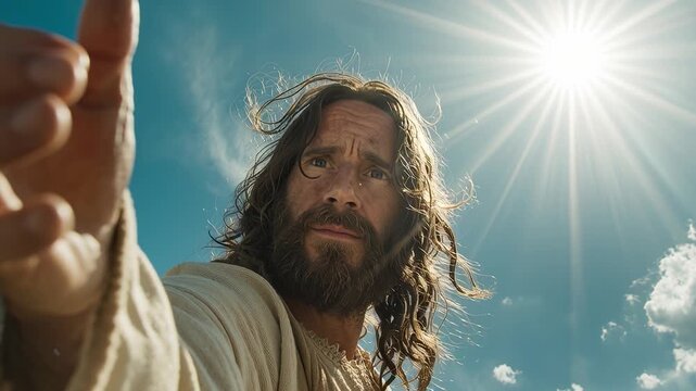 Jesus christ reaching out with hand toward sky