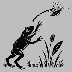 Frog Catching Insect with Tongue Silhouette vector design art and illustration