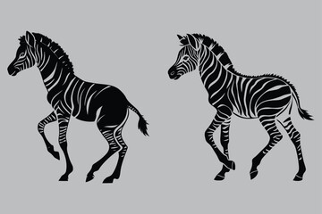 Newborn zebra standing up in savanna silhouette vector design art and illustration