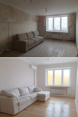 Living Room Renovation Before and After. Side-by-side transformation of a residential living space