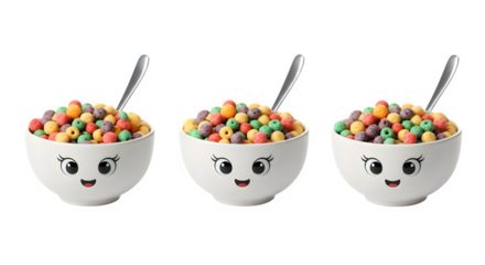 Whimsical breakfast cereal bowls with spoons offer a fun, balanced morning start for kids, adding joy to family breakfasts and playful food themes