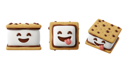 Adorable s'mores characters with playful expressions offer whimsical fun for summertime treats and sweet dessert promotions, bringing smiles and joy