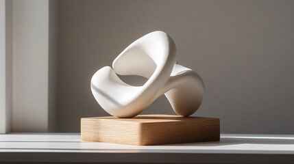 Modern abstract white sculpture with smooth flowing curves displayed on a textured wooden block pedestal