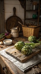 Artichokes on weathered wooden board