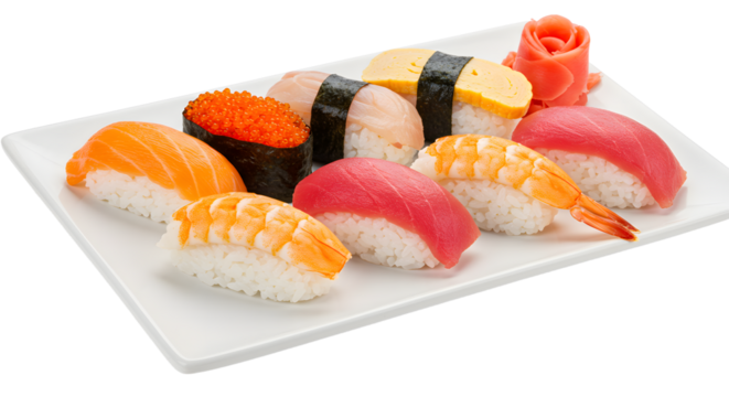 A beautifully arranged platter of sushi featuring various types like salmon, tuna, and shrimp, garnished with wasabi and pickled ginger