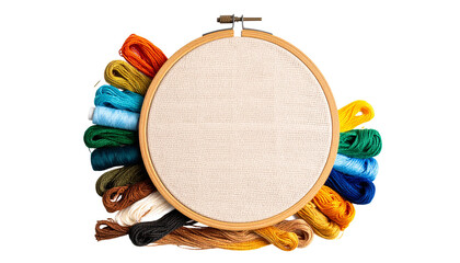Hand embroidery hoop in progress with colorful threads and needle – hobby and mindfulness isolated on transparent background.