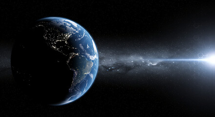 A view of earth from space with city lights and a bright light source in the distance of space