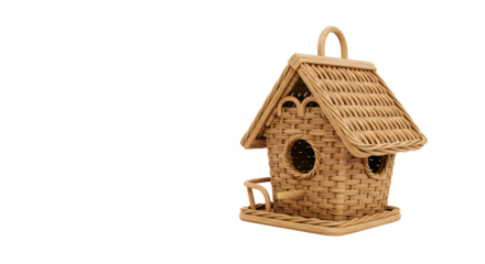A beautifully crafted wicker birdhouse sits elegantly on a white background, perfect for garden d?cor or wildlife photography