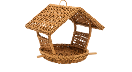 A beautifully crafted wicker bird feeder with a thatched roof, set against a soft, blurred natural background, inviting wildlife