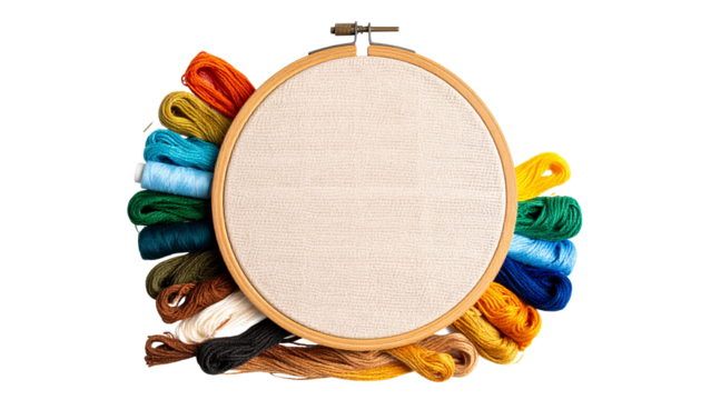 Hand embroidery hoop in progress with colorful threads and needle – hobby and mindfulness isolated on transparent background.