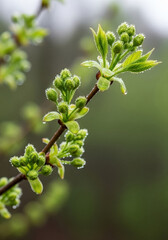 Fototapeta premium A close-up view of a branch with green leaves and small buds covered in dew droplets.
