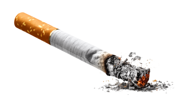 Burning cigarette with ashes isolated on transparent background.