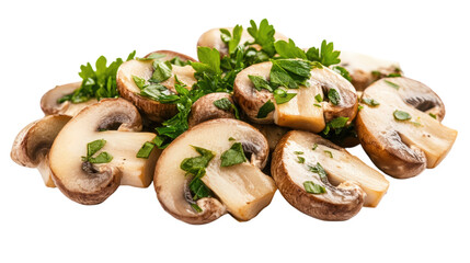 Sliced Brown Mushrooms with Parsley on Transparent Background for Culinary Projects