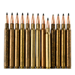 Assorted metallic bullets in various calibers gleaming and organized in a row Perfect for concepts like defense firearms and security