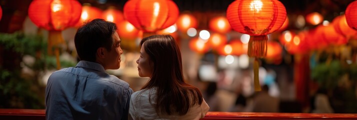 Asian young couple enjoys night under vibrant red lanterns