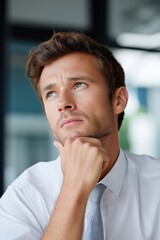 Thoughtful caucasian male adult in business attire in modern office setting
