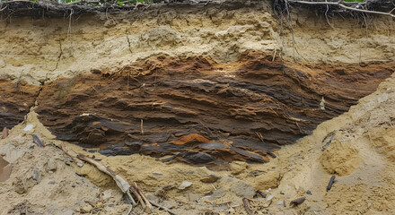 Cross-section of sedimentary layers reveals geological history, Stratified earth layers display diverse mineral deposits and soil composition