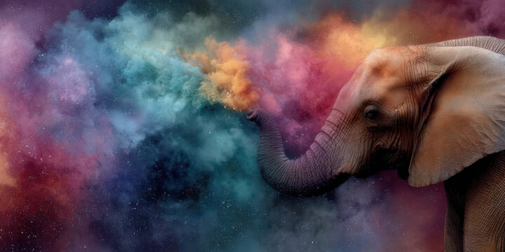 A majestic elephant, its trunk elegantly upstretched as if planting the vibrant Holi colors into nature, against a colorful background - Powered by Adobe