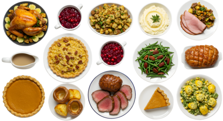 A festive table setting featuring a variety of traditional holiday dishes including turkey, sides, and desserts, perfect for gatherings