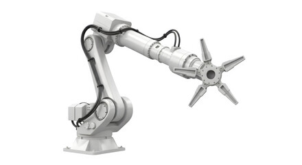 Sleek robotic arm poised for precision manufacturing in a modern factory setting, automation innovation perfect for industrial technology projects