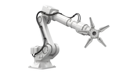 Sleek robotic arm poised for precision manufacturing in a modern factory setting, automation innovation perfect for industrial technology projects