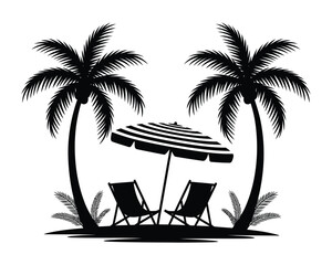tropical beach scene with palm tree silhouettes
