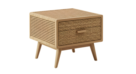 A stylish wooden nightstand with a woven texture, showcasing a minimalist design in a cozy bedroom setting