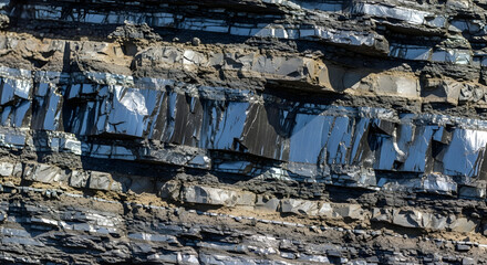 Rocky layers shimmering in the daylight, Layered rock formation featuring both rough and reflective surfaces
