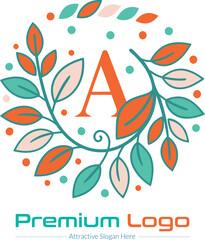 Elegant monogram logo featuring the letter a surrounded by a whimsical floral wreath with teal and orange leaves and small dots isolated on transparent background