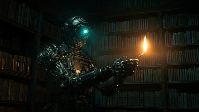 Futuristic Robot Holding Flame in a Library