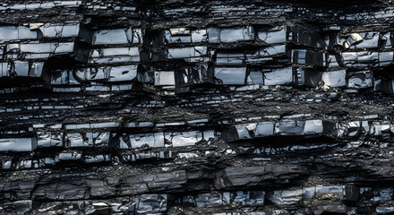 Close-up view of a wall with small, uneven, black rock bricks, Detailed view of coal texture with shiny fractured surfaces and layers