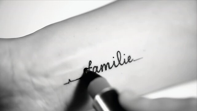 A wrist with a "familie" tattoo, in black script, on a white surface