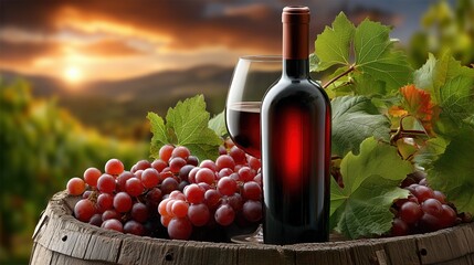Elegant red wine bottle surrounded by ripe grapes in vineyard barrel at dramatic sunset for winery branding.