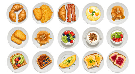 A vibrant assortment of breakfast dishes including croissants, eggs, and fruits arranged on white plates, showcasing a hearty morning meal