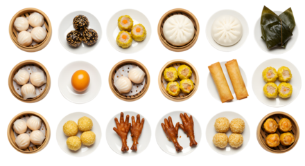 A vibrant assortment of dim sum dishes displayed on white plates, showcasing various textures and colors in a culinary setting
