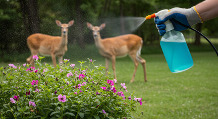 Gardener sprays deer repellent on plants to deter wildlife