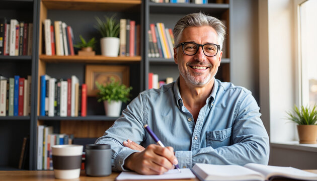 Smiling marketing expert writing notes in cozy home office, professional growth