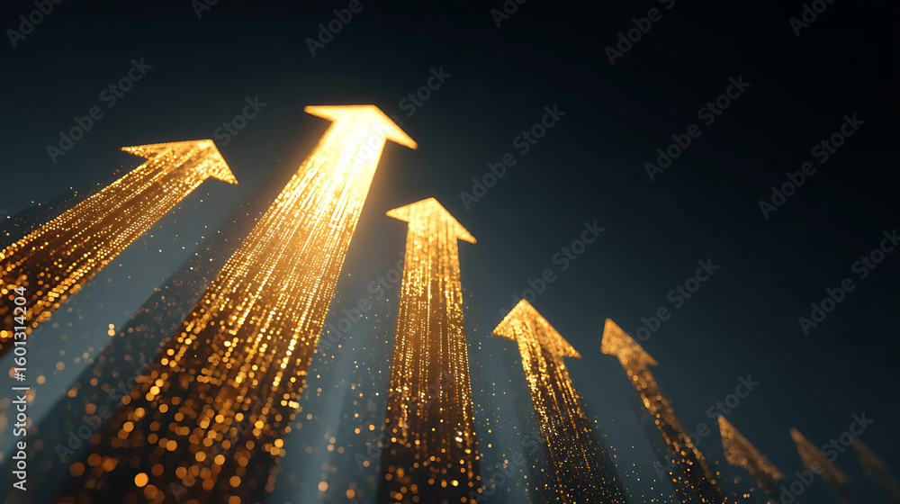 Poster golden arrows ascend towards the sky symbolizing growth success and a bright future in a dynamic abs