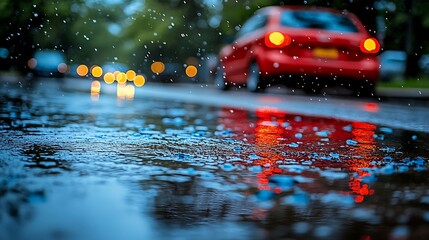 Raindrops on a wet city street.