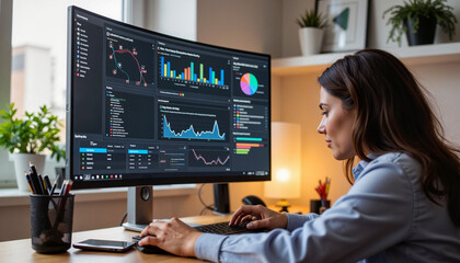 Focused woman analyzing marketing data at home workstation, productivity