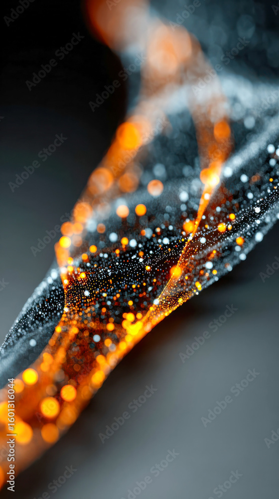 Poster an abstract stream of glowing orange and blue data points flows across a dark surface, symbolizing c